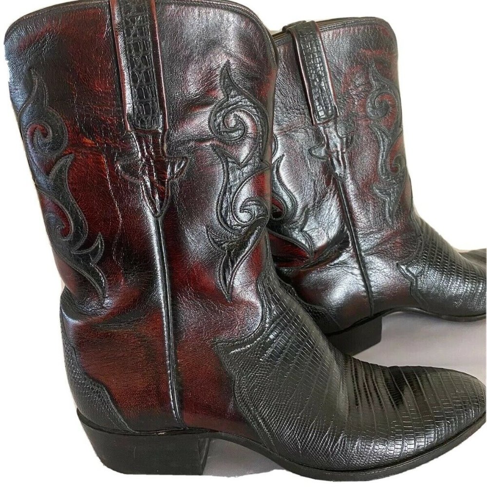 Lucchese Black & Cherry Leather Lizard Vamp Boots